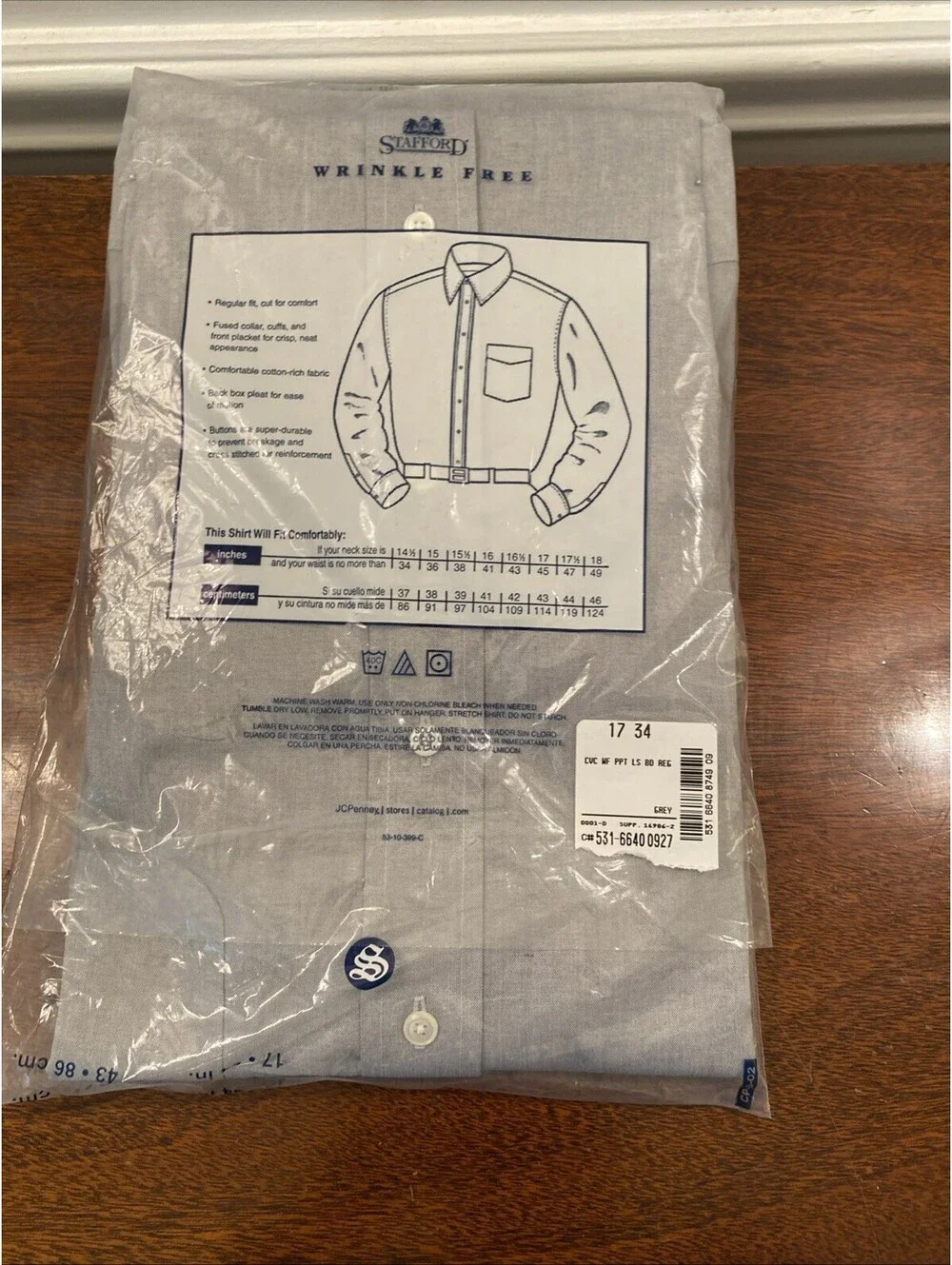 New Grey Stafford Men's Size 17 34Long Sleeve Dress Work Shirt Wrinkle Free